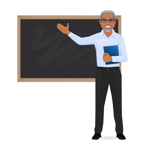 Male mature teacher at blackboard with copy space showing vector illustration