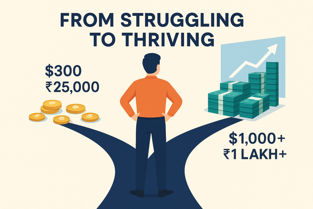 A professional blog header illustration: a person standing at a crossroads. On one side, a few scattered coins representing low income ($300 / ₹25,000). On the other side, tall stacks of cash and a rising growth chart representing higher income ($1,000+ / ₹1 lakh+). Bright, modern, minimalistic style with clean colors, symbolizing financial growth and opportunity. Text overlay: “From Struggling to Thriving