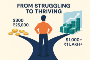 A professional blog header illustration: a person standing at a crossroads. On one side, a few scattered coins representing low income ($300 / ₹25,000). On the other side, tall stacks of cash and a rising growth chart representing higher income ($1,000+ / ₹1 lakh+). Bright, modern, minimalistic style with clean colors, symbolizing financial growth and opportunity. Text overlay: “From Struggling to Thriving