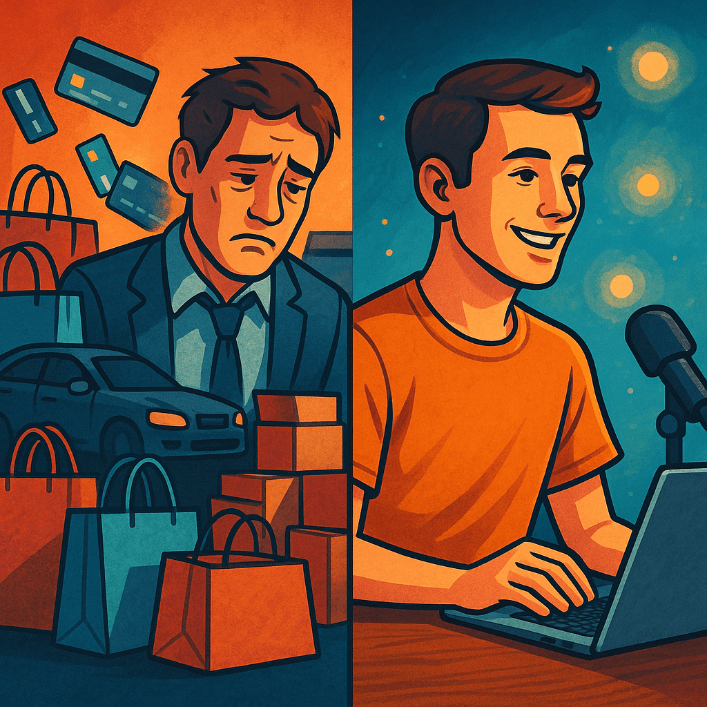Split-screen illustration showing consumerism vs creation — one side exhausted with shopping bags and credit cards, the other side happy and free while creating on a laptop and microphone.