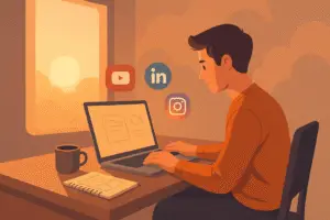 A digital creator working on a laptop at sunrise with YouTube, LinkedIn, and Instagram icons floating around — symbolizing starting a digital journey.