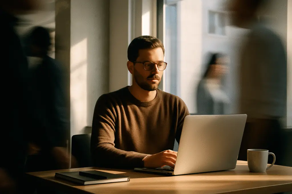 A focused professional sitting calmly at a desk with sunlight on their face while people move in a blur around them, symbolizing focus and consistency amid distractions.