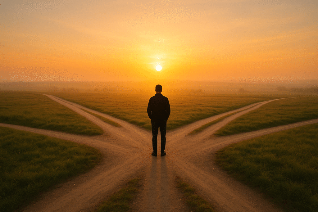 A person standing at a crossroads with four paths ahead under a warm sunrise, symbolizing life choices, new beginnings, and self-discovery.