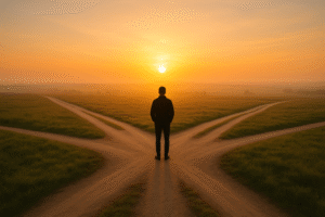 A person standing at a crossroads with four paths ahead under a warm sunrise, symbolizing life choices, new beginnings, and self-discovery.