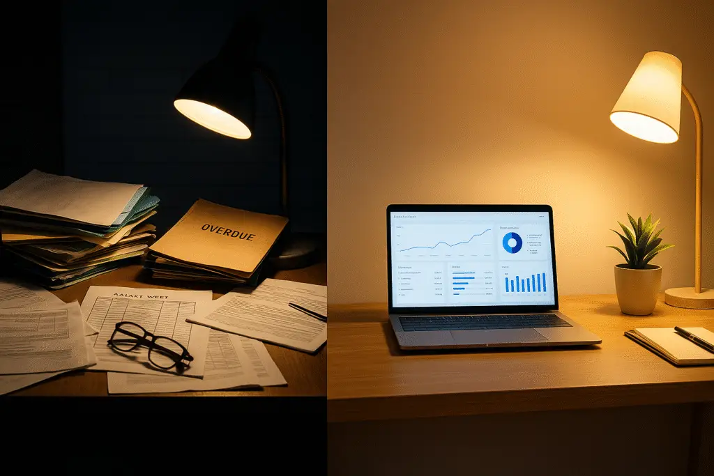 Split-screen comparison showing a cluttered coaching institute desk with overdue files and dim lighting on the left, and a clean digital workspace with a laptop displaying analytics and warm lighting on the right, symbolizing the shift from survival mode to systems-driven freedom.