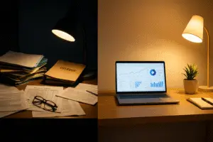 Split-screen comparison showing a cluttered coaching institute desk with overdue files and dim lighting on the left, and a clean digital workspace with a laptop displaying analytics and warm lighting on the right, symbolizing the shift from survival mode to systems-driven freedom.