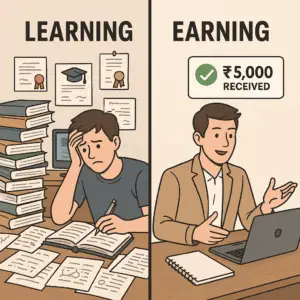 A split-screen illustration showing the contrast between overwhelmed learning and confident earning. On the left, a man sits stressed with piles of books, certificates, and messy notes. On the right, the same man teaches one topic confidently at a laptop with a ₹5,000 payment notification, symbolizing clarity and action.