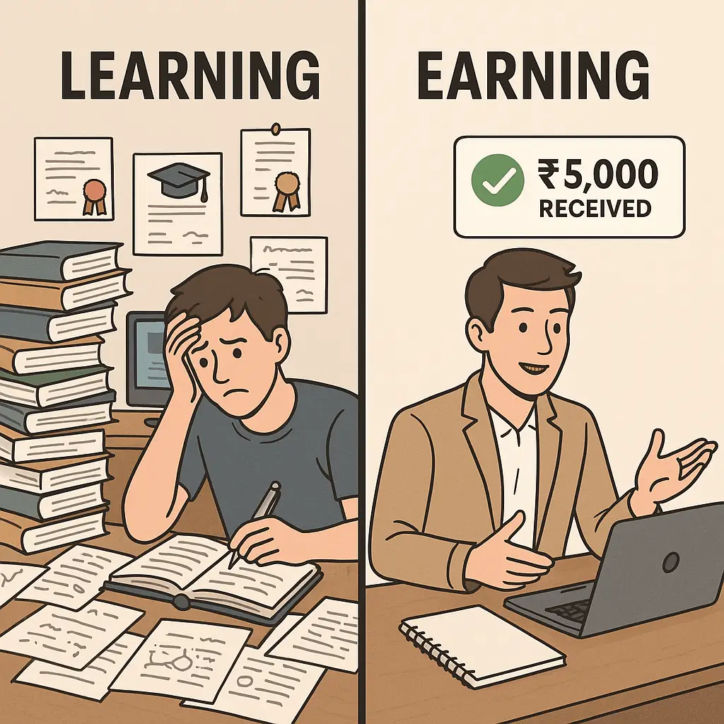 A split-screen illustration showing the contrast between overwhelmed learning and confident earning. On the left, a man sits stressed with piles of books, certificates, and messy notes. On the right, the same man teaches one topic confidently at a laptop with a ₹5,000 payment notification, symbolizing clarity and action.