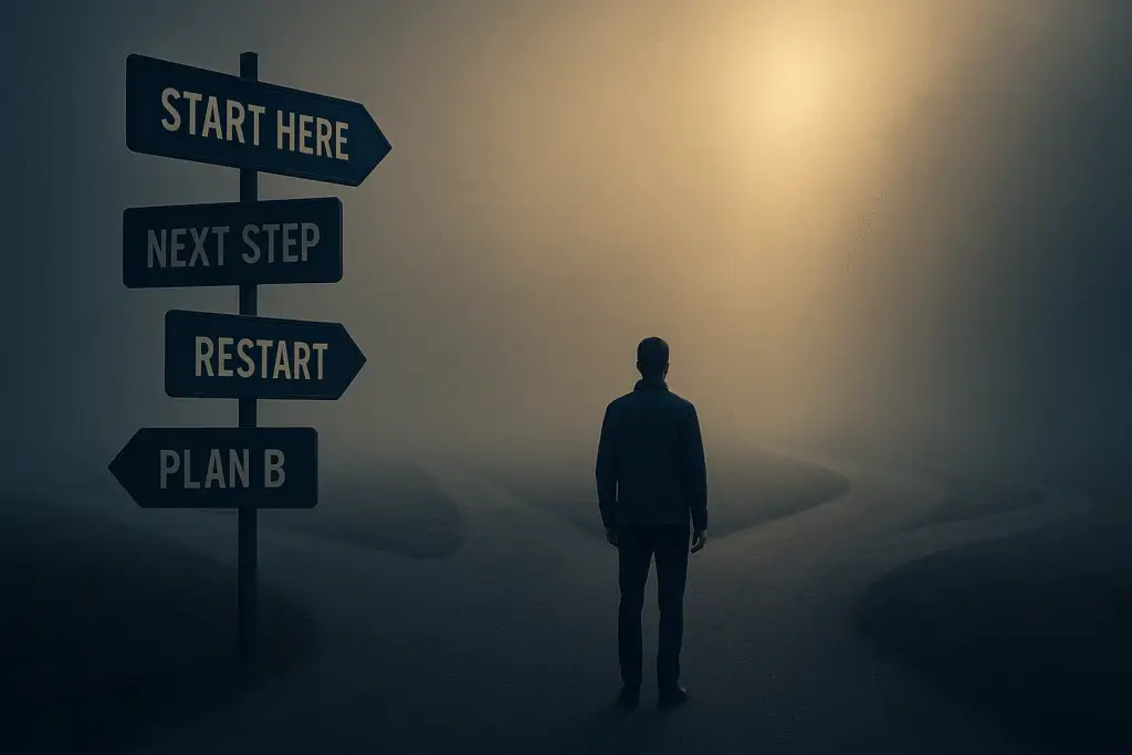A person stands alone at a foggy crossroads with signs reading “Start Here,” “Next Step,” “Restart,” and “Plan B,” symbolizing confusion before clarity in starting an online journey.