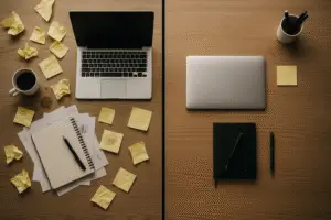 Side-by-side comparison of a messy, cluttered desk versus a clean, organized workspace, symbolizing freedom without systems versus freedom with structure.