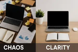 A split-screen image showing a confused professional surrounded by clutter on the left, and a confident, focused professional with a clear path and checklist on the right, symbolizing the shift from inconsistency to clarity.