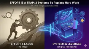 A split-screen illustration contrasting manual labor with digital leverage. On the left, a man pushes a heavy gear uphill, labeled "Effort & Labor (The Trap)." On the right, a person manages a futuristic digital dashboard with automation icons, labeled "Systems & Leverage (Digital Freedom)." The text "EFFORT IS A TRAP: 3 Systems To Replace Hard Work" and "Dr. Ashish Juneja | Digital Economics" appears at the top.