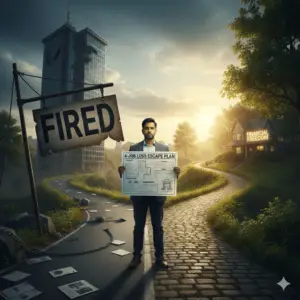 A professional man standing at a literal crossroads between a dark, crumbling path leading to a "Fired" sign and a bright, sunlit path leading to a house labeled "Financial Freedom," holding a blueprint titled "4-Job Loss Escape Plan.
