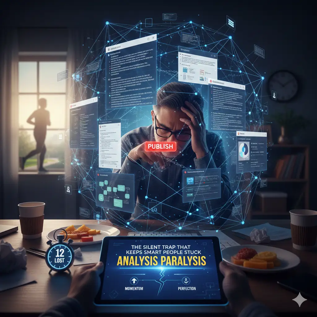 A middle-aged intellectual man (representing Dr. Ashish Juneja) sitting at a desk, looking stressed and overwhelmed by a glowing, complex web of digital data, SEO charts, and domain settings floating around him. In the background, a blurred figure is seen enjoying a morning walk, contrasting his paralysis. A tablet in the foreground displays the text "Analysis Paralysis" and a comparison between Momentum and Perfection.