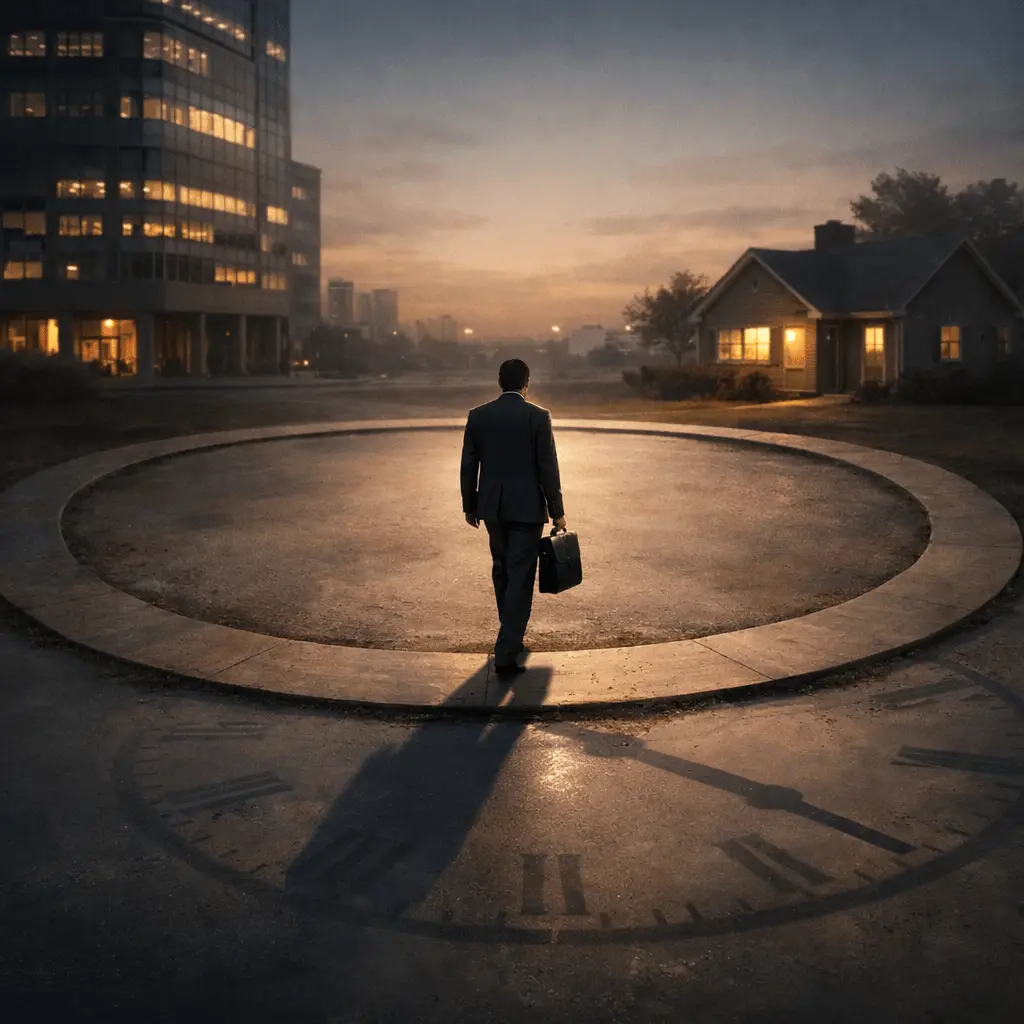 A working professional walking in a circular path between an office building and a home, symbolizing job dependency and repetitive career routine.