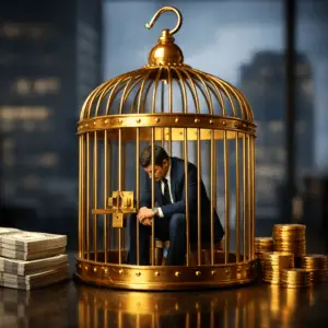 Business professional sitting inside a golden cage symbolizing high salary dependency and lack of career freedom