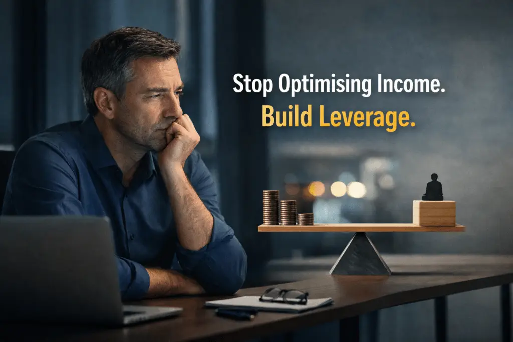 A mid-career professional sitting at a desk, thinking deeply, with a visual metaphor of a lever balancing money—symbolizing the shift from income optimisation to building leverage.