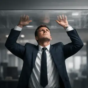 Corporate professional pushing against an invisible glass ceiling, symbolizing career stagnation and income limits despite continuous learning.
