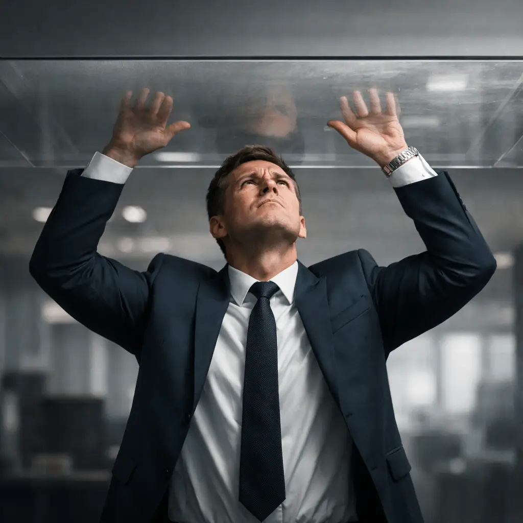 Corporate professional pushing against an invisible glass ceiling, symbolizing career stagnation and income limits despite continuous learning.