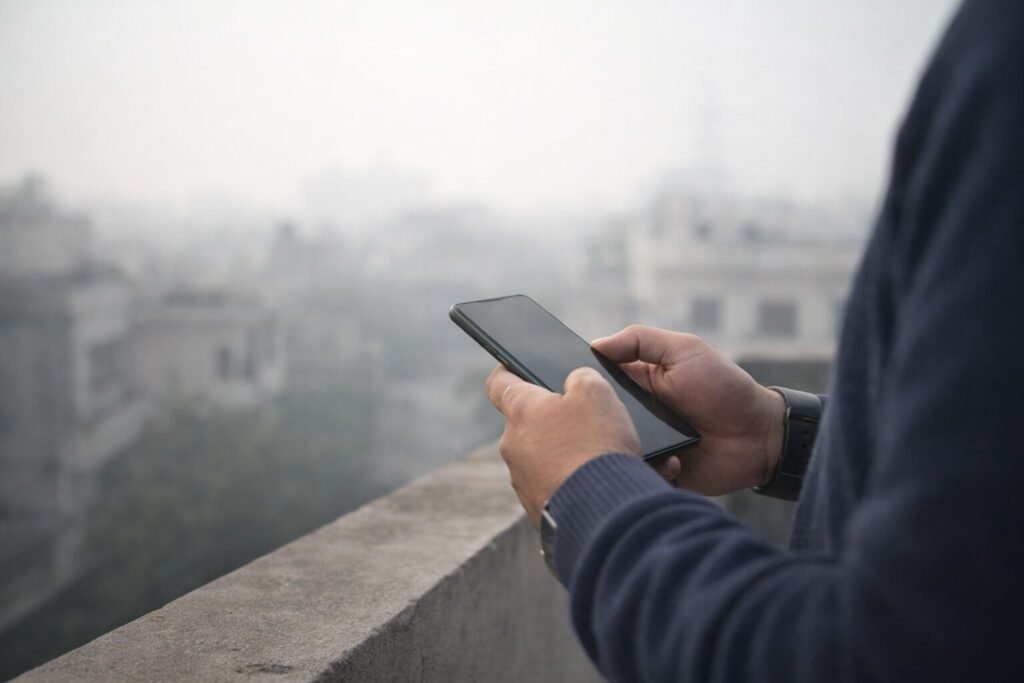 Man’s hands holding a smartphone on a terrace during a hazy winter afternoon in North India, symbolizing job search and uncertainty.