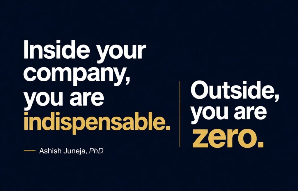 Quote graphic on navy background reading "Inside your company, you are indispensable. Outside, you are zero." by Ashish Juneja, PhD