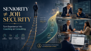 Senior IT professional facing job-security risk while transitioning from corporate seniority to coaching and consulting.